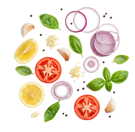 Top-down view of fresh food ingredients on a black background, including sliced tomatoes, red onion rings, garlic cloves, basil leaves, peppercorns, and minced garlic